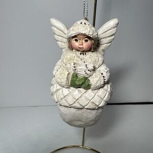 Vintage Pam Schifferl Acorn Angel White Signed Ornament For Midwest With Dove